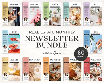 Real Estate Newsletter Bundle | Real Estate Marketing | 12 Month Realtor Newsletter | Real Estate Farming Newsletter | Canva Template