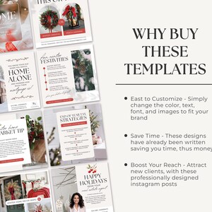 May include: A set of nine Instagram post templates designed for real estate agents. The templates feature a winter theme with red and white colours and images of wreaths, snow, and houses. The text on the templates includes phrases such as "Home Alone" and "Winter Home Market Tip".
