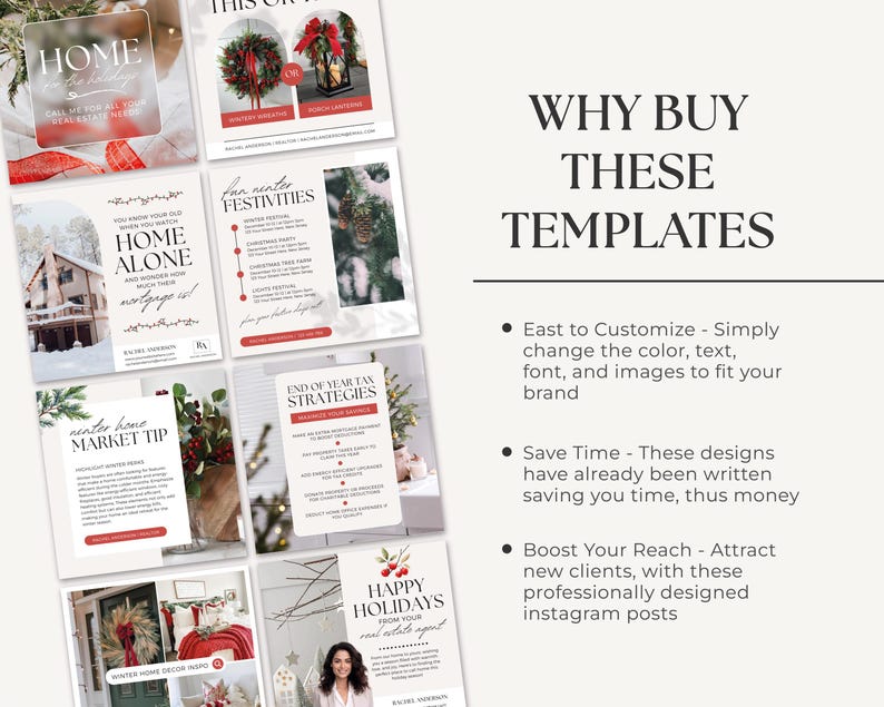 May include: A set of nine Instagram post templates designed for real estate agents. The templates feature a winter theme with red and white colours and images of wreaths, snow, and houses. The text on the templates includes phrases such as "Home Alone" and "Winter Home Market Tip".