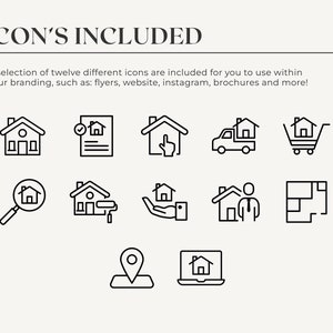 May include: A set of twelve black and white line icons depicting various real estate services. The icons include a house, a checkmark, a hand, a truck, a shopping cart, a magnifying glass, a paint roller, a person, a floor plan, a location pin, and a laptop.