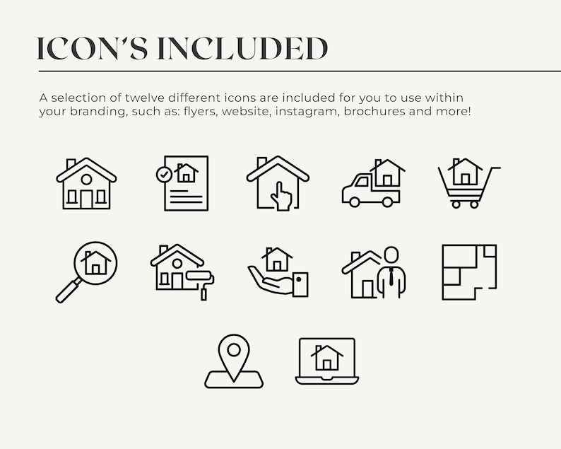 May include: A set of twelve black and white line icons depicting various real estate services. The icons include a house, a checkmark, a hand, a truck, a shopping cart, a magnifying glass, a paint roller, a person, a floor plan, a location pin, and a laptop.