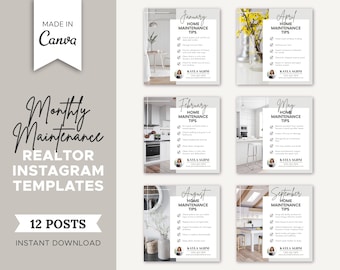 12 Monthly Maintenance Tips Realtor Instagram Posts | Real Estate Agent Social Media Post | Real Estate Marketing | Instagram Post Template