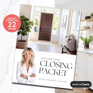 以下が含まれることがあります： 「Welcome Home Closing Packet」と「Rachel Anderson | Realtor」のテキストが入った白と黒のクロージングパック。画像には白いブレザーを着た女性と家のインテリアの背景が含まれています。