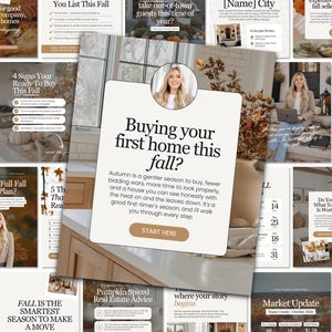 May include: A social media graphic featuring a circular portrait of a blonde woman above a white card with the text Buying your first home this fall? followed by descriptive text and a tan button labelled START HERE, set against a collage background.