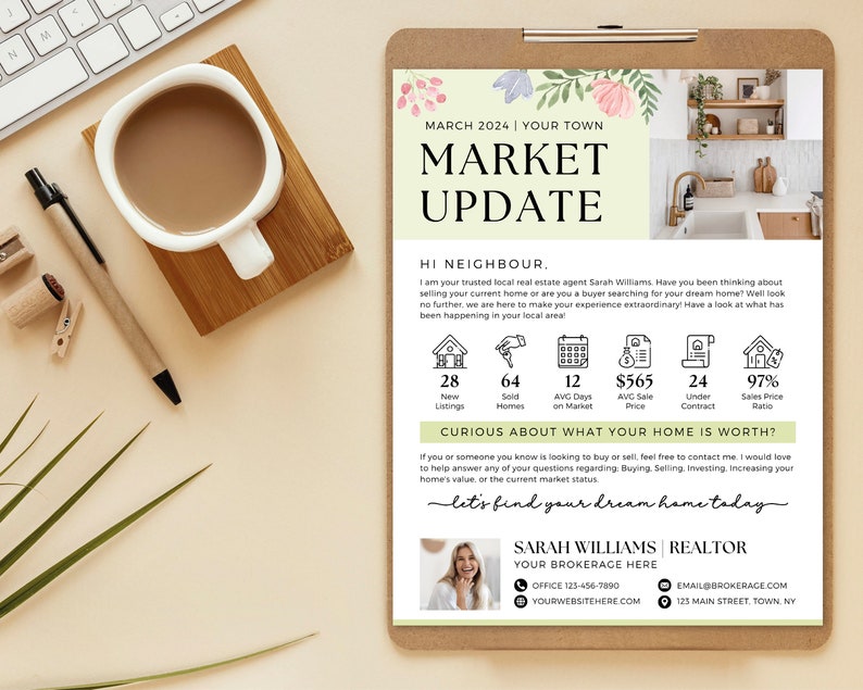 May include: A green and white real estate market update flyer with a floral design. The flyer includes information about new listings, sold homes, average days on market, average sale price, under contract, and sales price ratio. The flyer also includes a photo of a real estate agent and contact information.