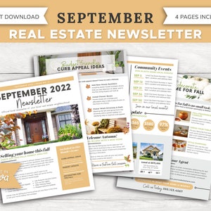 Puede incluir: Un boletín de bienes raíces de cuatro páginas con el tema de septiembre de 2022. El boletín presenta consejos para vender su casa en otoño, ideas de atractivo de acera económicas, eventos comunitarios e ideas de decoración para el otoño. El boletín está diseñado con un esquema de color otoñal de naranja, marrón y amarillo.