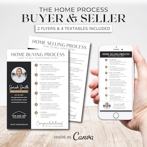May include: Two flyers with black and gold accents outlining the home buying and selling process. The flyers include a photo of a real estate agent and the text "The Home Process Buyer & Seller 2 Flyers & 4 Textables Included".