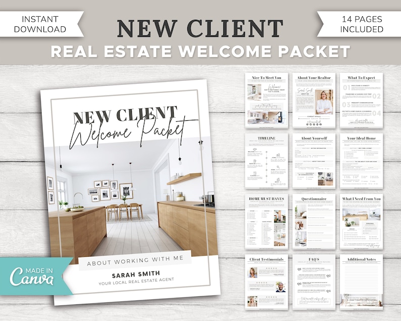 Puede incluir: Una cocina blanca y gris con una isla y armarios de madera. El texto "NEW CLIENT Welcome Packet" est&aacute; en la portada de un paquete de bienvenida para bienes ra&iacute;ces. El paquete incluye 14 p&aacute;ginas de informaci&oacute;n para nuevos clientes.