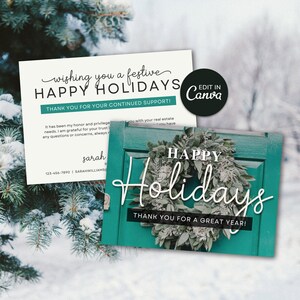 Postal feliz de vacaciones de bienes raíces / Tarjeta de Navidad de bienes raíces / Tarjeta de agricultura de vacaciones de agente inmobiliario / Marketing inmobiliario / Plantilla Canva