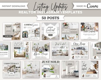 May include: A set of 50 Instagram post templates for real estate agents. The templates feature a variety of designs, including photos of homes, text overlays, and graphics. The templates are designed to help real estate agents promote their listings and connect with potential clients.