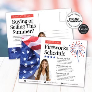 Cartolina del 4 luglio immobiliare / Marketing immobiliare / Programma dei fuochi d'artificio estivi / Cartolina per agente immobiliare / Mailing immobiliare / Canva