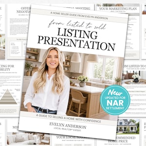 May include: A home seller guide titled From Listed to Sold Listing Presentation by Evelyn Anderson. The cover features a person in a white shirt in a kitchen, with a teal circular badge stating New Updated for NAR Settlement included.