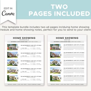 May include: Two printable pages for a home showing schedule and notes. The schedule page has a list of five homes with addresses, listed prices, and details about each home. The notes page has a list of five homes with addresses and space for notes.