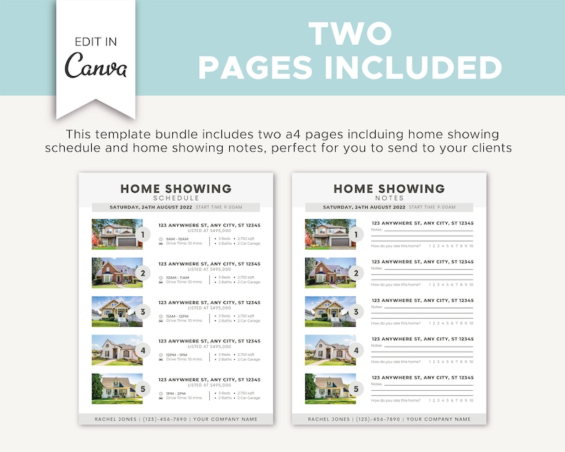 May include: Two printable pages for a home showing schedule and notes. The schedule page has a list of five homes with addresses, listed prices, and details about each home. The notes page has a list of five homes with addresses and space for notes.