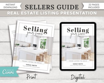 May include: A digital and printable real estate listing presentation guide with a white kitchen interior photo. The guide is titled "Selling your home" and includes the text "From Listed to Sold" and "Sarah Smith, Your Local Real Estate Agent".
