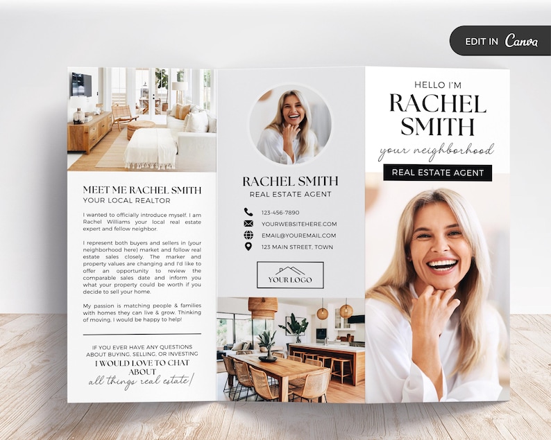 May include: A real estate agent business card with a photo of the agent, contact information, and a message about helping people buy, sell, or invest in real estate.