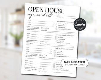 Könnte beinhalten: Schwarz-weiß druckbare Open-House-Anmeldeformular-Vorlage mit dem Text "Open House Sign in Sheet" und "NAR Updated 6 Flyers Included". Die Vorlage enthält Felder für Name, E-Mail, Telefon und Immobilienbedürfnisse.