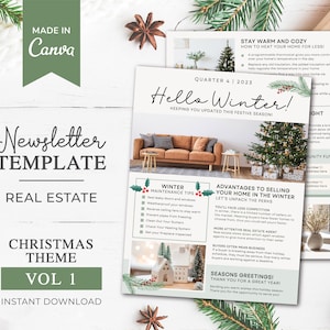 Puede incluir: Una plantilla de boletín de noticias de Navidad verde y blanca para agentes inmobiliarios. La plantilla presenta una escena de invierno con una chimenea y un árbol de Navidad. El texto en la plantilla incluye "Plantilla de boletín de noticias", "Inmobiliaria", "Tema de Navidad", "Vol 1", "Descarga instantánea", "¡Hola invierno!" y "Manteniéndote actualizado esta temporada festiva".