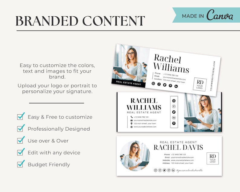 May include: A white and black real estate agent business card template with a photo of a woman holding a tablet. The template includes the text "Real Estate Agent" and the name "Rachel Williams". The template also includes contact information, social media icons, and a logo.