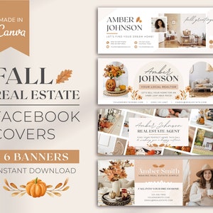 Könnte beinhalten: Sechs Facebook-Cover-Vorlagen für Immobilienmakler mit Herbstmotiven. Die Cover zeigen Bilder von Kürbissen, Herbstlaub und Häusern. Der Text auf den Covern enthält die Namen "Amber Johnson", "Amber Smith" und "Immobilienmakler".
