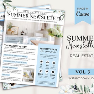 Boletín de verano inmobiliario / Marketing de verano inmobiliario / Boletín inmobiliario / Marketing por correo electrónico / Plantilla Canva / Imprimible para agentes inmobiliarios
