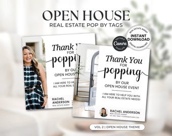 Può includere: Tag pop-by immobiliari in bianco e nero con il testo "Grazie per essere venuti al nostro evento open house". I tag includono una foto di una donna e il testo "Rachel Anderson, agente immobiliare". Le parole "Open House" sono in alto.
