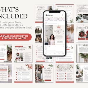 May include: A collection of 50 Instagram post and story templates for real estate agents. The templates feature a winter theme with red and green colours, and include text such as "Happy Holidays", "Market Update", and "Winter Top Tip".