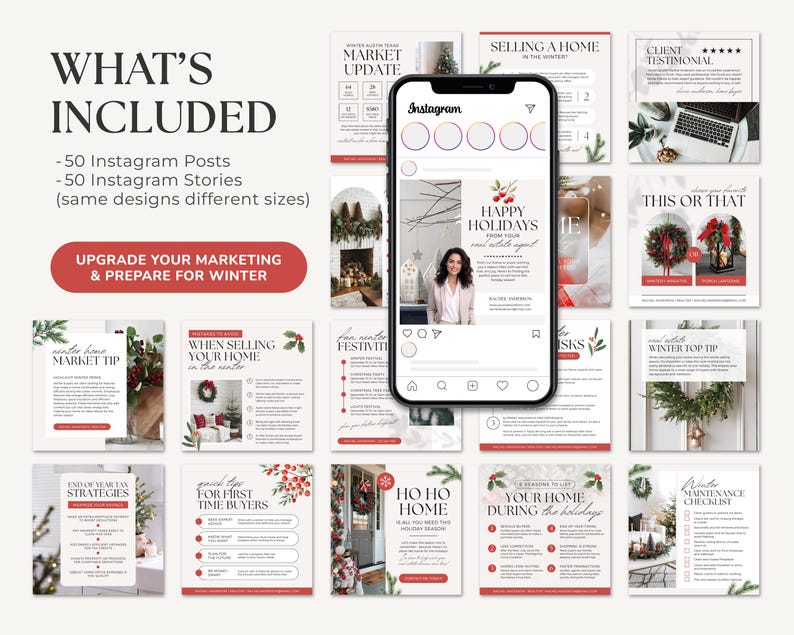 May include: A collection of 50 Instagram post and story templates for real estate agents. The templates feature a winter theme with red and green colours, and include text such as "Happy Holidays", "Market Update", and "Winter Top Tip".