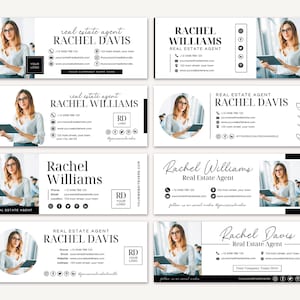 May include: Four different business card designs for a real estate agent named Rachel. Each card features a headshot of Rachel, her name, the title "Real Estate Agent", and contact information including phone number, email address, website, and social media handles.