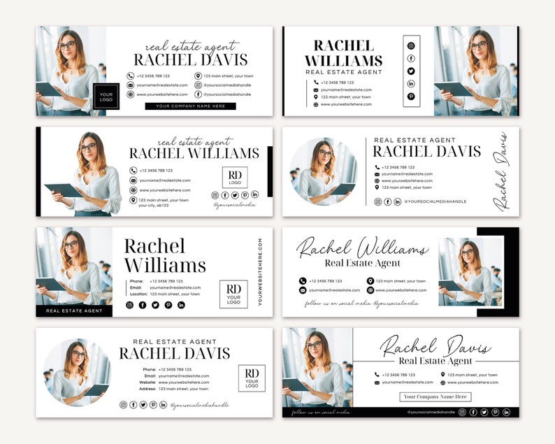 May include: Four different business card designs for a real estate agent named Rachel. Each card features a headshot of Rachel, her name, the title "Real Estate Agent", and contact information including phone number, email address, website, and social media handles.