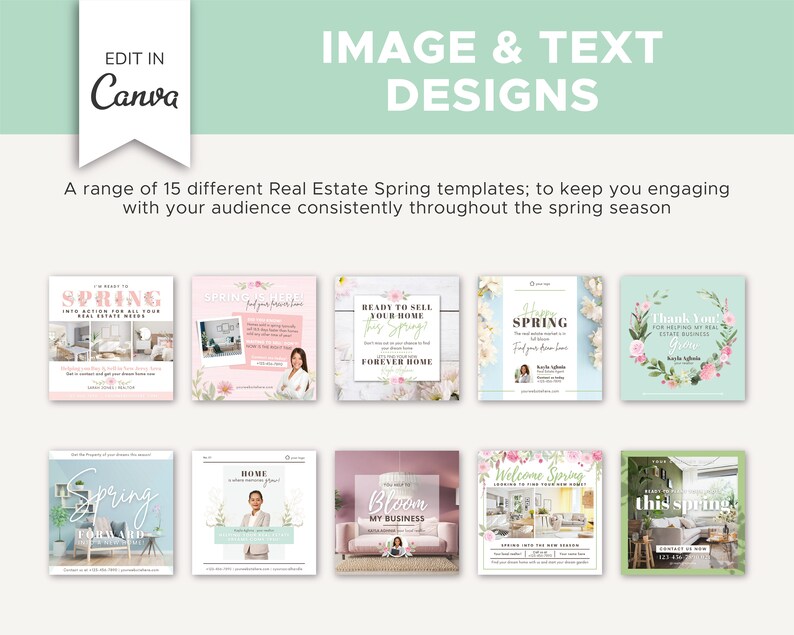 May include: A collection of 15 colorful social media templates for real estate agents. The templates feature spring-themed imagery and text, such as "Ready to Sell Your Home This Spring" and "Welcome Spring".