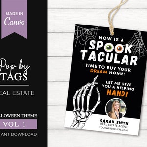 Spettrali tag per agenti immobiliari / Tag regalo di Halloween per agenti immobiliari / Tag pop autunnali / Pop per tag immobiliari / Marketing immobiliare / Canva per agenti immobiliari