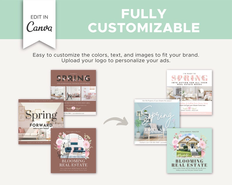 May include: A collection of customizable social media post templates for real estate agents. The templates feature a spring theme with floral accents and images of homes. The text on the templates includes the words "Spring", "Blooming Real Estate", and "Spring Forward".