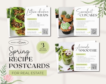 Pacchetto di cartoline con ricette primaverili immobiliari / Modello di cartoline con ricette primaverili / Agricoltura immobiliare / Marketing primaverile immobiliare / Canva