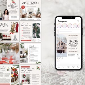 May include: A collection of social media graphics for real estate agents. The graphics feature winter themes, such as a Christmas tree, a winter home, and a fruitcake. The graphics also include text such as "Happy Holidays", "Hello Winter", "Home", and "Christmas Fruit Cake".