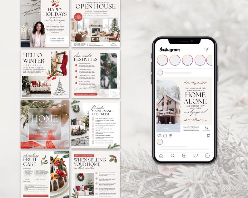 May include: A collection of social media graphics for real estate agents. The graphics feature winter themes, such as a Christmas tree, a winter home, and a fruitcake. The graphics also include text such as "Happy Holidays", "Hello Winter", "Home", and "Christmas Fruit Cake".