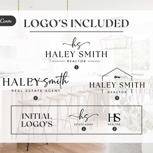 May include: A digital graphic design template for a real estate agent's logo. The template includes several variations of the name "Haley Smith" with different fonts and styles. The template also includes initial logos with the letters "hs" and "HS".