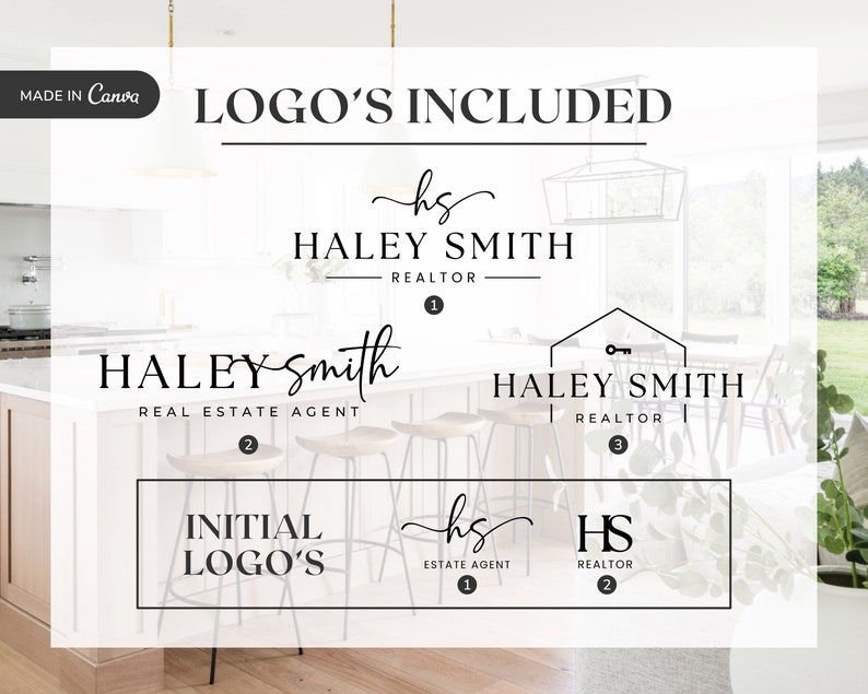 May include: A digital graphic design template for a real estate agent's logo. The template includes several variations of the name "Haley Smith" with different fonts and styles. The template also includes initial logos with the letters "hs" and "HS".