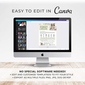 May include: A computer screen displaying a Canva design template for a real estate market update. The template features a floral design and text that reads "Market Update". The text "EASY TO EDIT IN Canva" is displayed above the computer screen. Below the screen, the text "NO SPECIAL SOFTWARE NEEDED!" is displayed, followed by two bullet points: "EDIT AND CUSTOMIZE TEMPLATEDS TO FIT YOUR STYLE" and "EXPORT AS MULTIPLE FILES; PNG, JPG, SVG OR PDF".