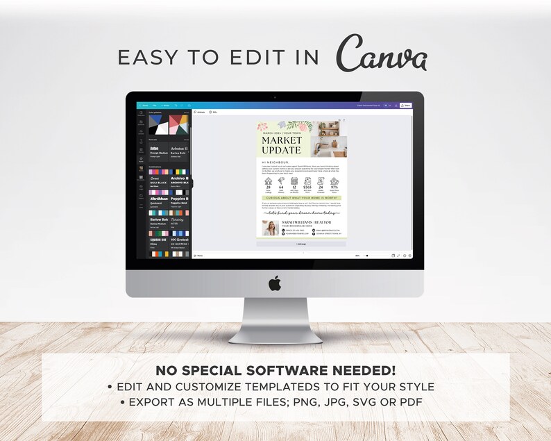 May include: A computer screen displaying a Canva design template for a real estate market update. The template features a floral design and text that reads "Market Update". The text "EASY TO EDIT IN Canva" is displayed above the computer screen. Below the screen, the text "NO SPECIAL SOFTWARE NEEDED!" is displayed, followed by two bullet points: "EDIT AND CUSTOMIZE TEMPLATEDS TO FIT YOUR STYLE" and "EXPORT AS MULTIPLE FILES; PNG, JPG, SVG OR PDF".