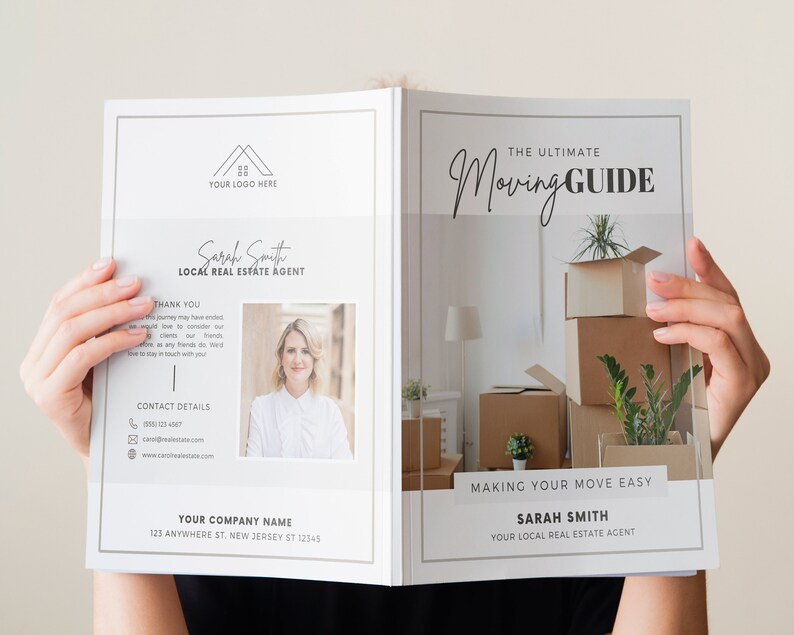 May include: A white and gray booklet titled "The Ultimate Moving Guide" with a photo of a room with boxes and plants. The booklet also includes the name "Sarah Smith" and the text "Your Local Real Estate Agent".