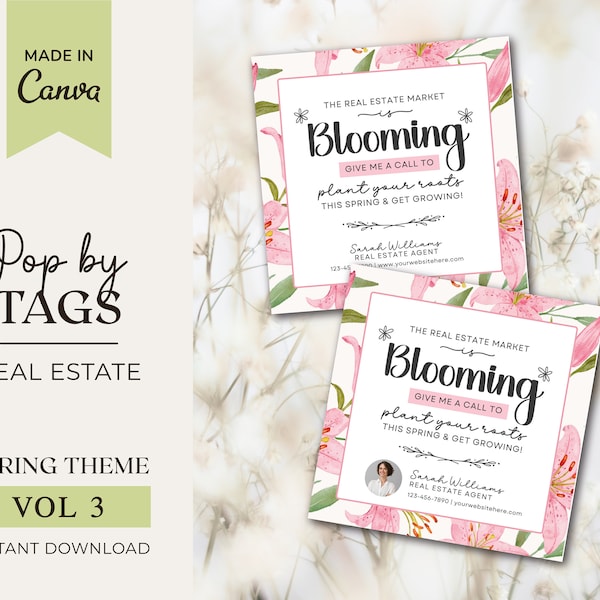 Spring Realtor Pop By Tags | Your Referrals Make My Business Bloom | Spring Pop by | Real Estate Pop by Tag | Real Estate Marketing | Canva