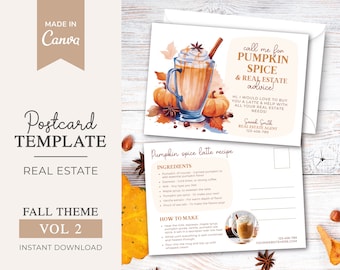 Real Estate Fall Pumpkin Spice Postcard | Real Estate Marketing | Fall Drink Recipe Card | Realtor Postcard | Autumn Mailer | Canva