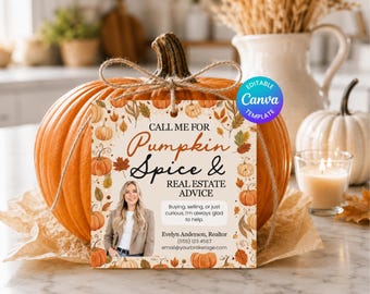 Pumpkin Spice and Real Estate Advice Pop By Gift Tag: Fall Realtor Marketing (Editable Canva Template)