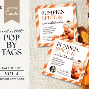 Real Estate Fall Gift Tags | Real Estate Pop by Tag | Real Estate Marketing | Pumpkin Spice and Real Estate Advice Pop by Tags | Canva