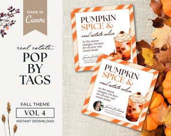May include: Two orange and white striped square cards with the text "Pumpkin Spice & real estate advice" and a watercolor illustration of a pumpkin spice latte. The text on the cards reads "As the season changes, I'm here for all your real estate needs!" and includes the name "Sarah Williams" and contact information.
