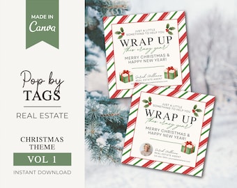 Christmas Realtor Tags | Wrapping Paper gift Tags | Holiday Pop By Tags | Real Estate Pop by Tag | Real Estate Marketing | Realtor Canva