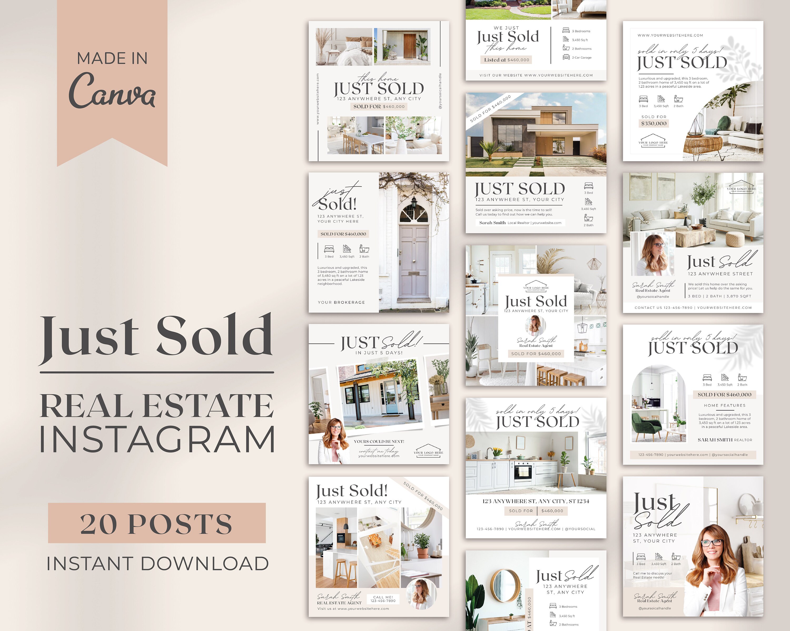 20 Just Sold Real Estate Instagram Posts | Real Estate Social Media Template | Real Estate Marketing | Instagram Post | Sold Listing | Canva
