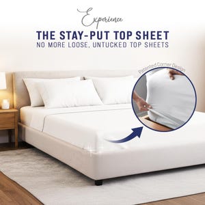 No-Tuck, Semi-fitted Top Sheet Only: 400 Thread Count Cotton Blend, White with White Trim.