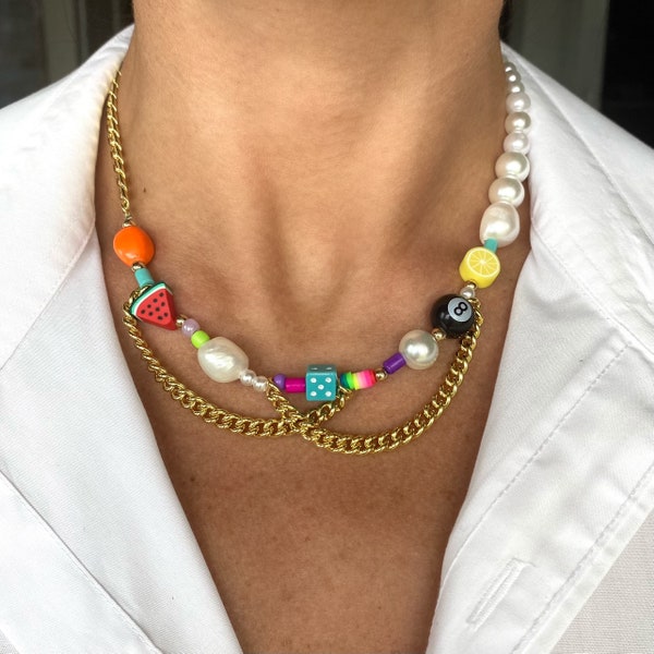 Martha Calvo Inspired Dupe | Happy Go Lucky | Y2K Necklace | Gold Cuban Chain | Pearl Beads | Gen Z